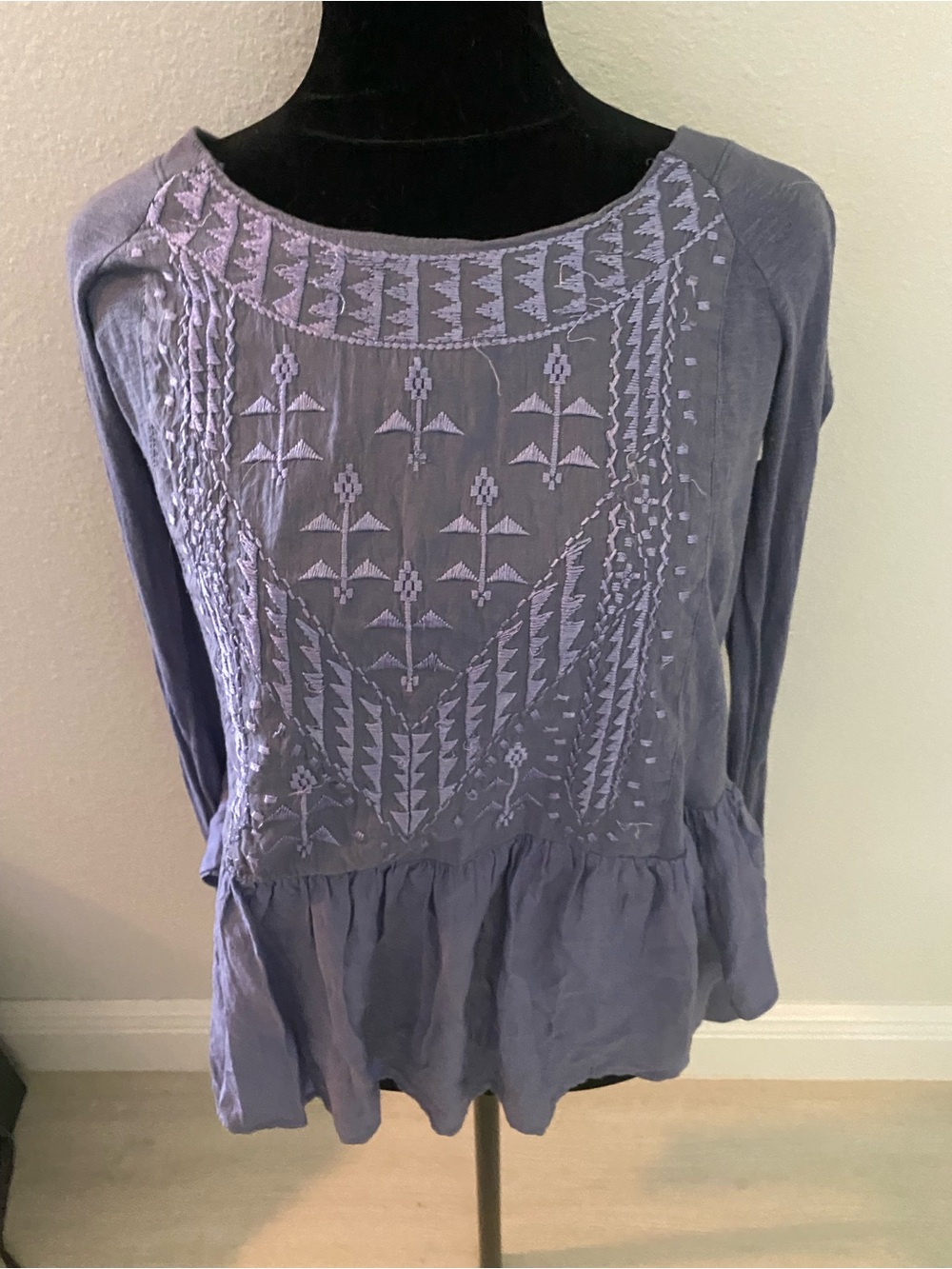 SOLD.   Free People Lavender Embroidered Peplum Blouse